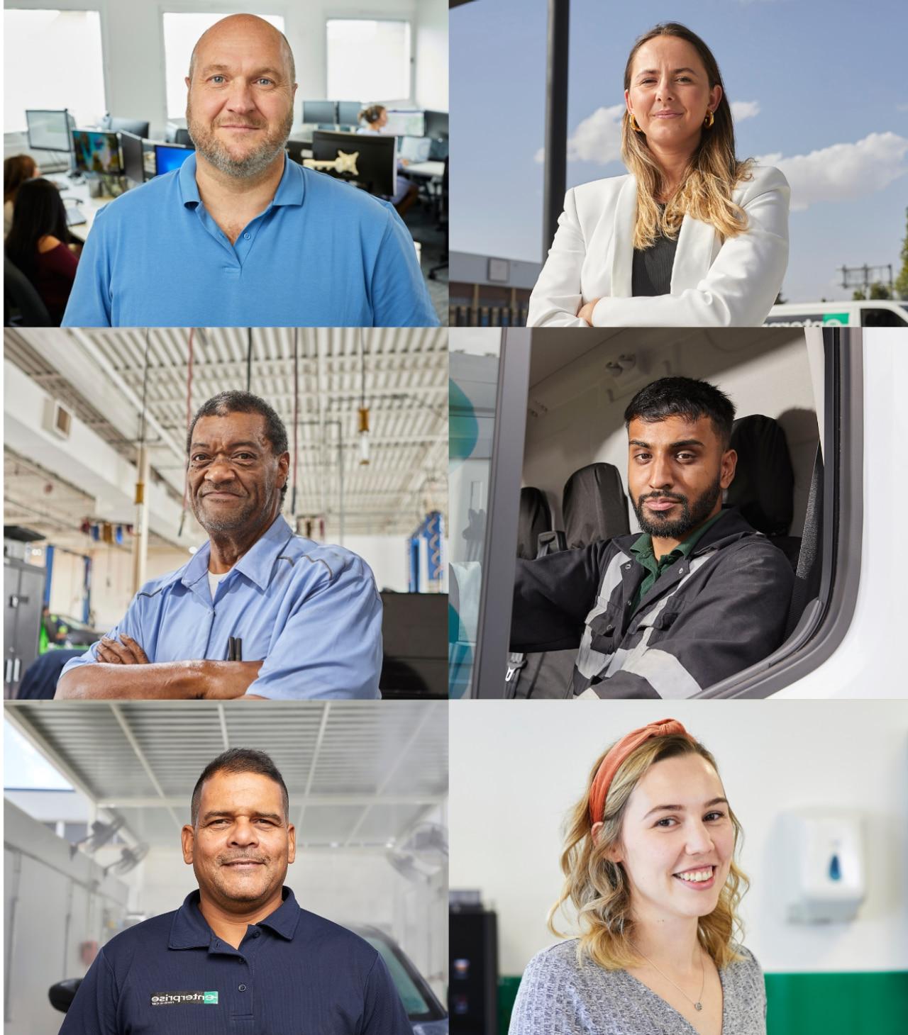 九名不同的企业员工, 代表广泛的多样性(性别)的, 比赛, 种族, 地理, 等.)，排列在旋转木马图像中.