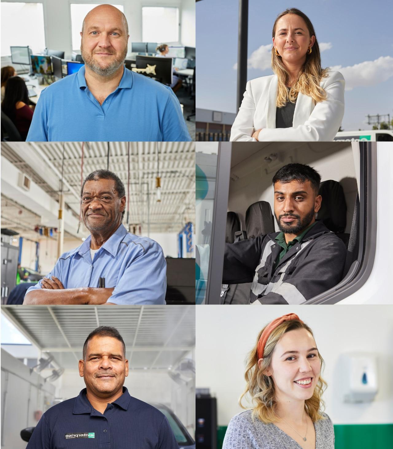 九名不同的企业员工, 代表广泛的多样性(性别)的, 比赛, 种族, 地理, 等.)，排列在旋转木马图像中.